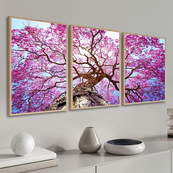 Kit Quadros Decorativos Modernos Ipê Rosa Arvore com Moldura