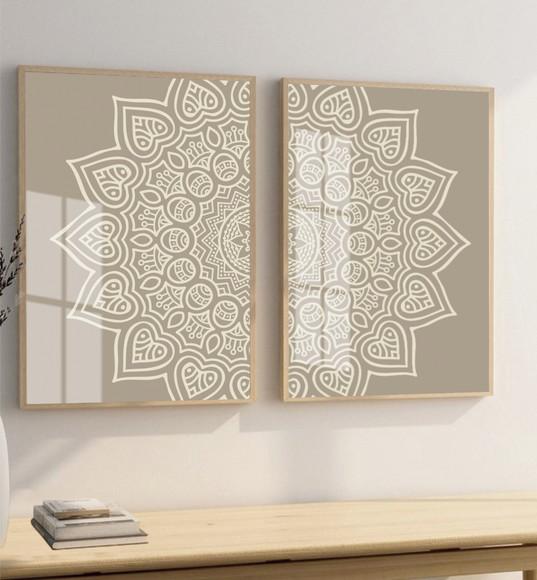 Kit Quadros Decorativos Modernos Mandala Bege Moldura Vidro