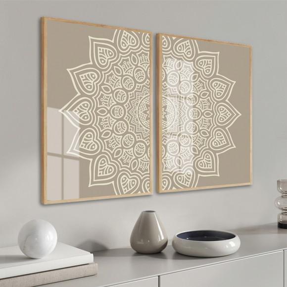 Kit Quadros Decorativos Modernos Mandala Bege Moldura Vidro
