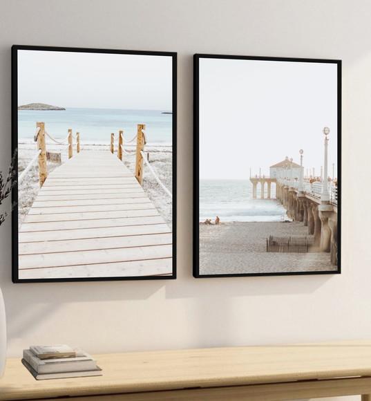 Kit Quadros Decorativos Modernos Paisagem Praia Mar Moldura