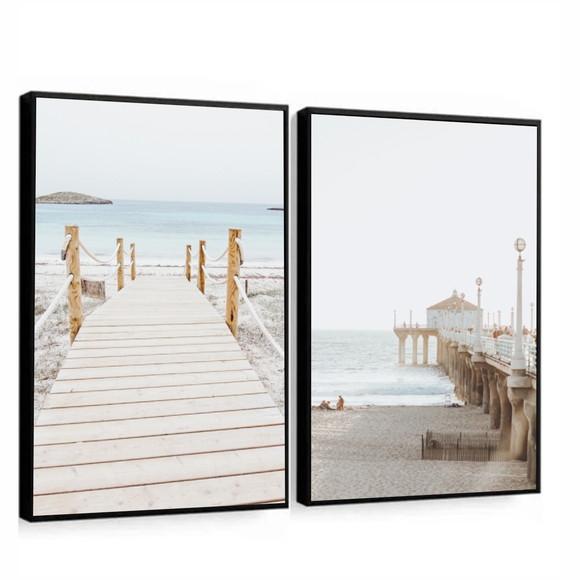Kit Quadros Decorativos Modernos Paisagem Praia Mar Moldura