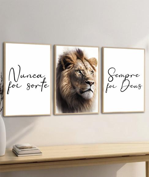 Kit Quadros Decorativos Nunca Foi Sorte Leão Sempre Foi Deus