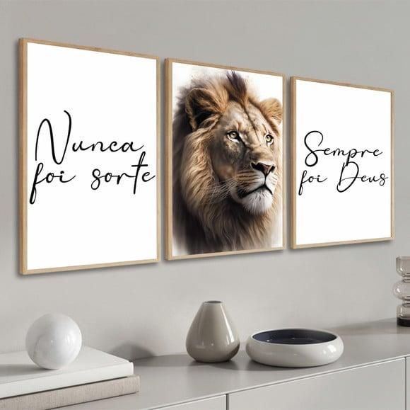 Kit Quadros Decorativos Nunca Foi Sorte Leão Sempre Foi Deus