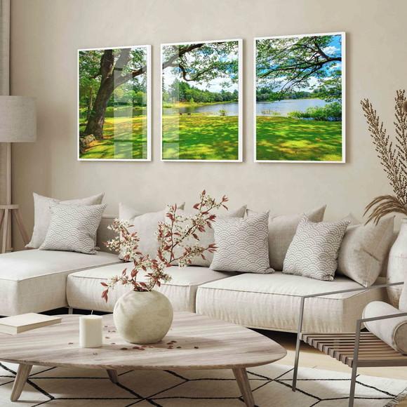 Kit Quadros Decorativos Paisagem Arvore Verde Moldura Vidro