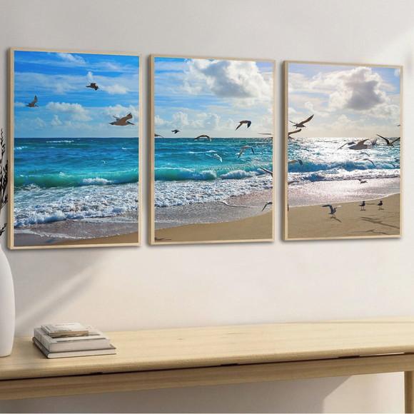 Kit Quadros Decorativos Paisagem Mar Praia Gaivotas Moldura