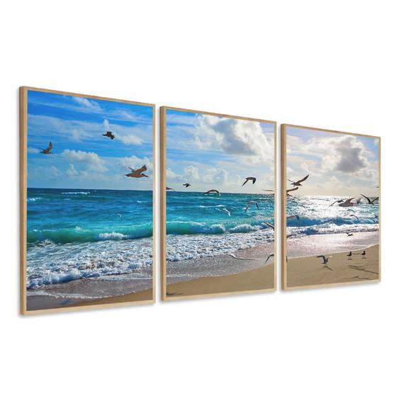 Kit Quadros Decorativos Paisagem Mar Praia Gaivotas Moldura
