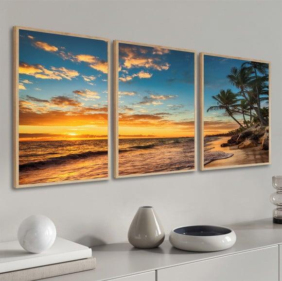 Kit Quadros Decorativos Paisagem Pôr do Sol Coqueiro Moldura