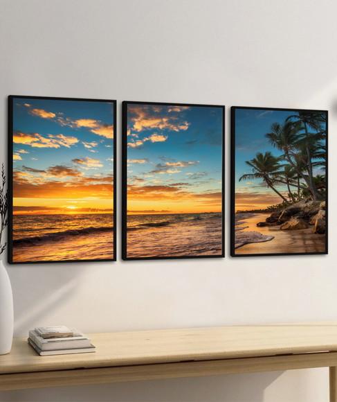 Kit Quadros Decorativos Paisagem Pôr do Sol Coqueiro Moldura