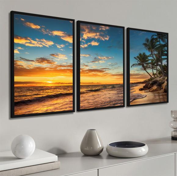Kit Quadros Decorativos Paisagem Pôr do Sol Coqueiro Moldura