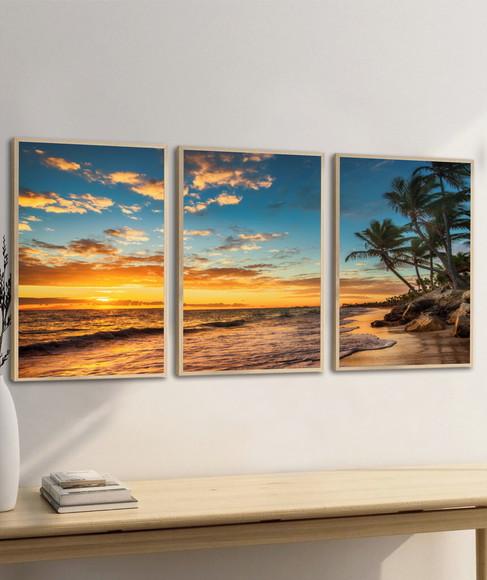 Kit Quadros Decorativos Paisagem Pôr do Sol Coqueiro Moldura