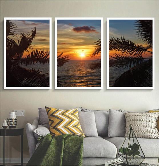 Kit Quadros Decorativos Paisagem Pôr Do Sol Praia Moldura