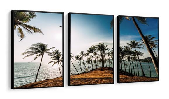 Kit Quadros Decorativos Paisagem Pôr Do Sol Coqueiro Moldura