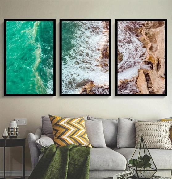 Kit Quadros Decorativos Paisagem Praia Mar Conjunto Moldura