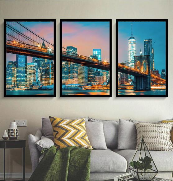 Kit Quadros Decorativos Ponte Brooklyn Nova York Com Moldura