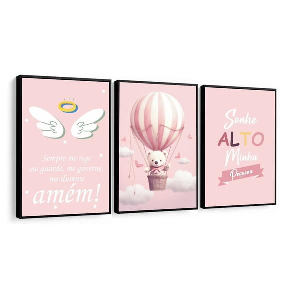 Kit Quadros Decorativos Personalizado Infantil Rosa Moldura