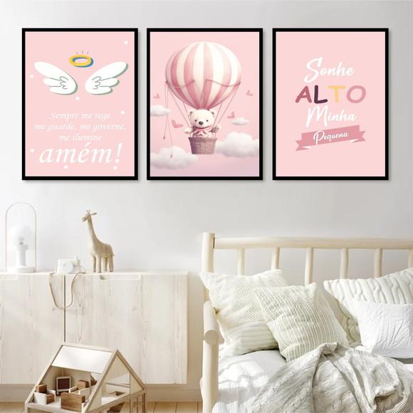 Kit Quadros Decorativos Personalizado Infantil Rosa Moldura