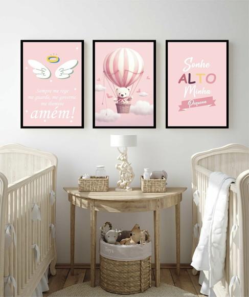 Kit Quadros Decorativos Personalizado Infantil Rosa Moldura