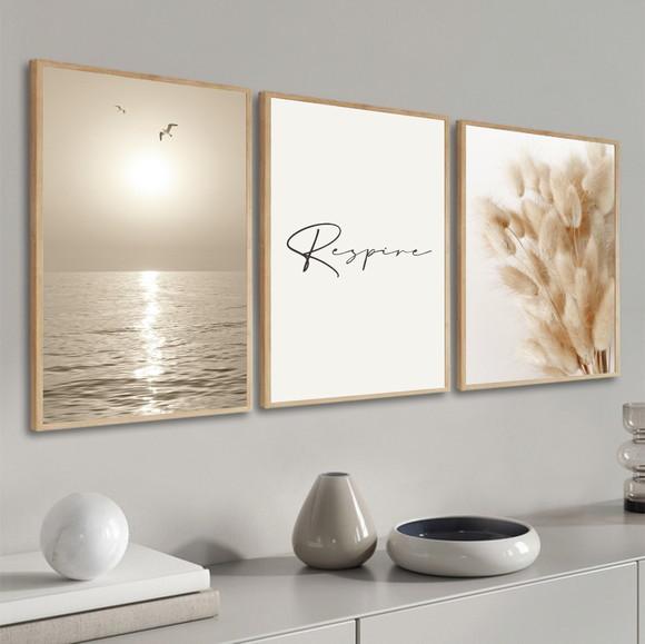 Kit Quadros Decorativos Respire Praia Folhagem Boho Moldura