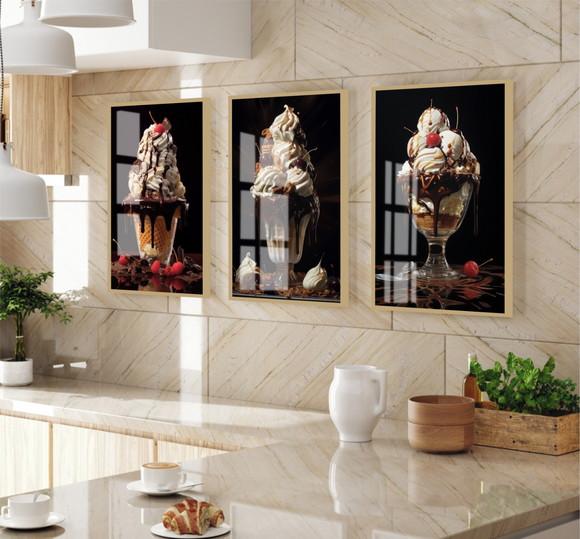 Kit Quadros Decorativos Sorvete Sundae Lanchonete com Vidro