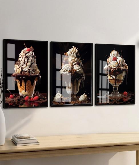 Kit Quadros Decorativos Sorvete Sundae Lanchonete com Vidro