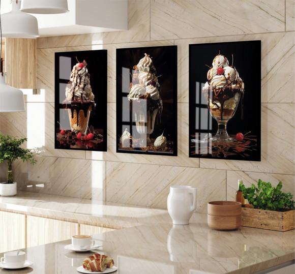 Kit Quadros Decorativos Sorvete Sundae Lanchonete com Vidro