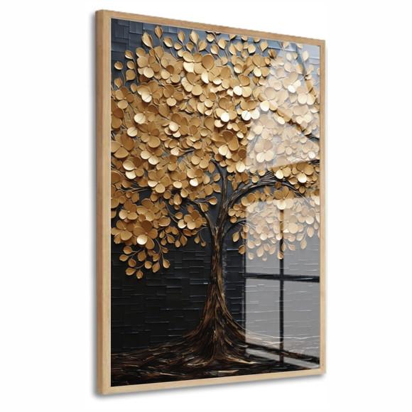 Quadro Decorativo Abstrato Arvore Dourada Grande com Vidro