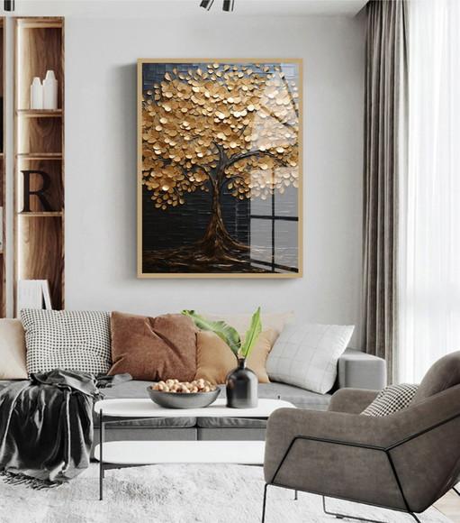 Quadro Decorativo Abstrato Arvore Dourada Grande com Vidro