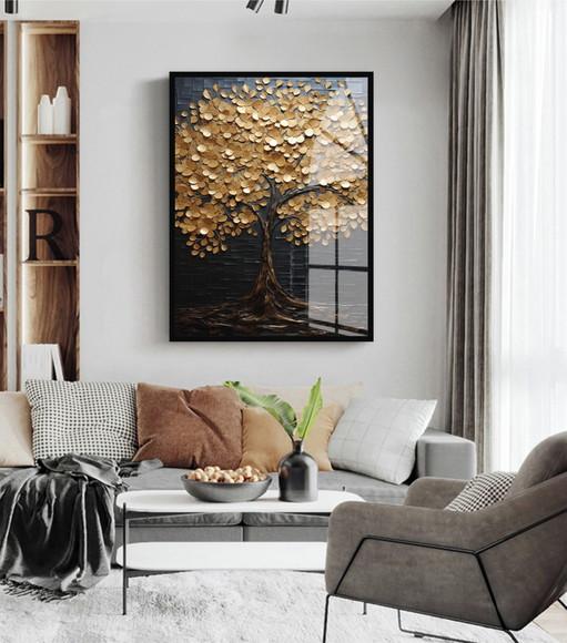 Quadro Decorativo Abstrato Arvore Dourada Grande Luxo Vidro