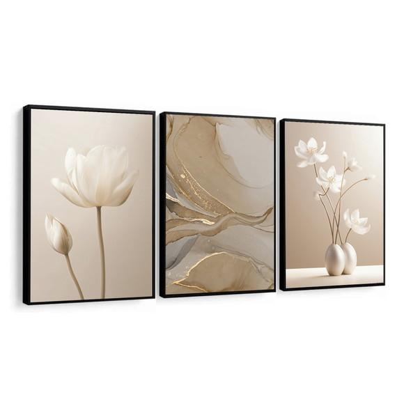 Quadro Decorativo Abstrato Bege Boho Flores Moderno Moldura