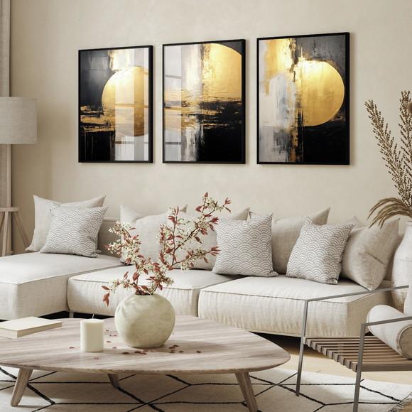 Quadro Decorativo Abstrato Dourado Moderno Moldura e Vidro