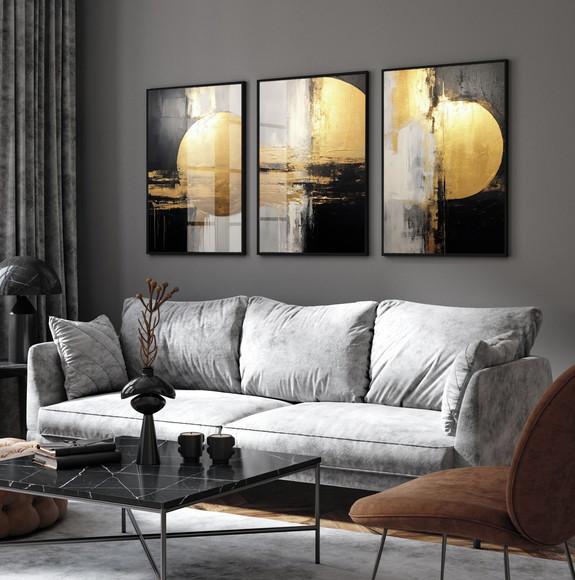 Quadro Decorativo Abstrato Dourado Moderno Moldura e Vidro