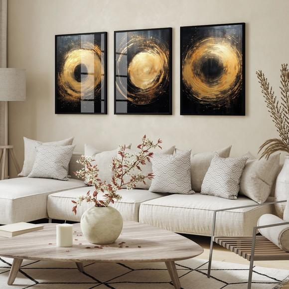 Quadro Decorativo Abstrato Dourado Moderno Moldura e Vidro