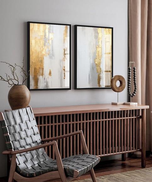 Quadro Decorativo Abstrato Dourado Moderno Moldura e Vidro