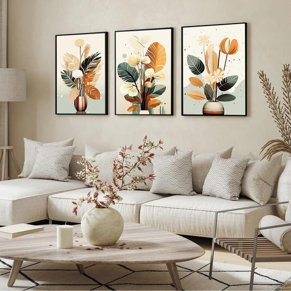 Quadro Decorativo Abstrato Folhagem Moderna Sala com Moldura