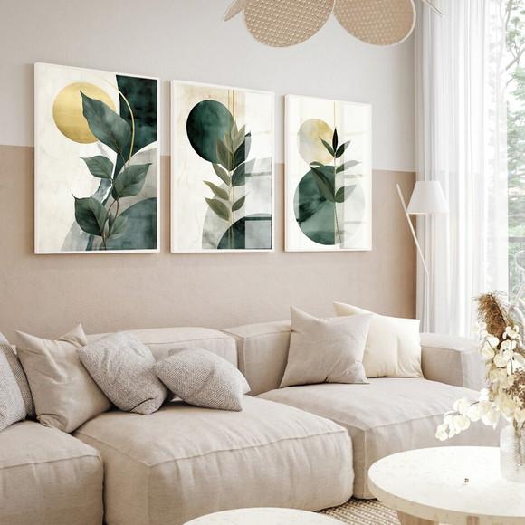 Quadro Decorativo Abstrato Folhagem Verde Luxo Moldura Vidro