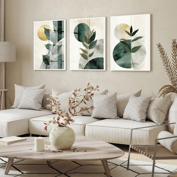 Quadro Decorativo Abstrato Folhagem Verde Luxo Moldura Vidro