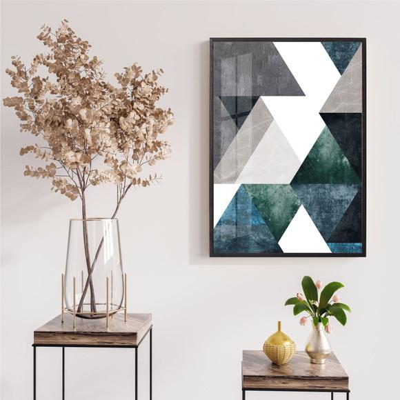Quadro Decorativo Abstrato Geométrico Azul Moldura e Vidro