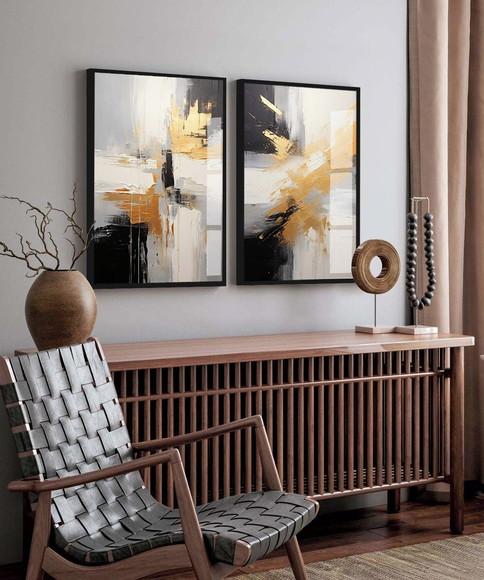 Quadro Decorativo Abstrato Preto Gold Moderno Moldura Vidro