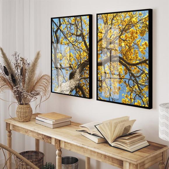 Quadro Decorativo Arvore Amarela Galhos Com Moldura E Vidro