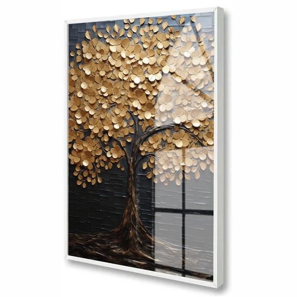 Quadro Decorativo Arvore Dourada Moderno Grande com Vidro
