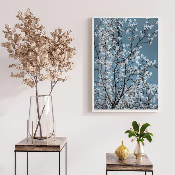 Quadro Decorativo Arvore Flores Brancas Com Moldura e Vidro