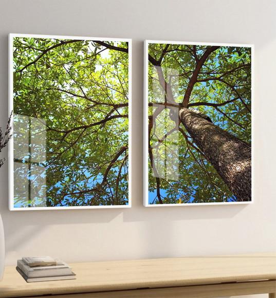 Quadro Decorativo Arvore Verde Galhos Paisagem Moldura Vidro
