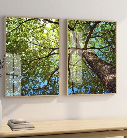 Quadro Decorativo Arvore Verde Paisagem Galhos Moldura Vidro