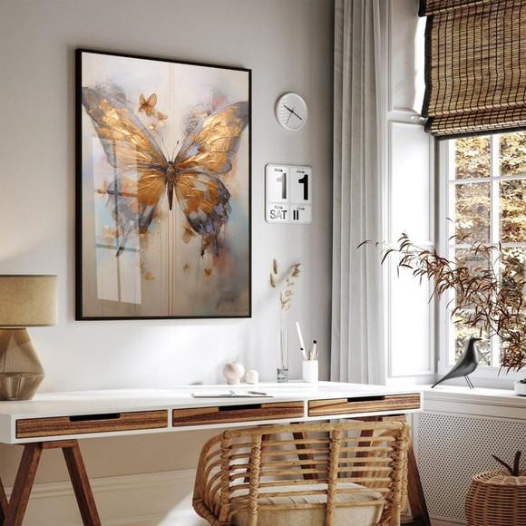 Quadro Decorativo Borboleta Dourada Moderno Moldura e Vidro