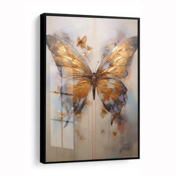 Quadro Decorativo Borboleta Dourada Moderno Moldura e Vidro