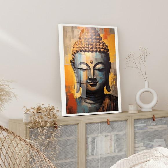 Quadro Decorativo Buda Estátua Dourado com Moldura e Vidro