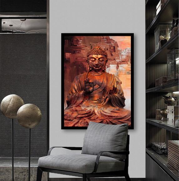Quadro Decorativo Buda Meditação Dourado Para Sala Moldura