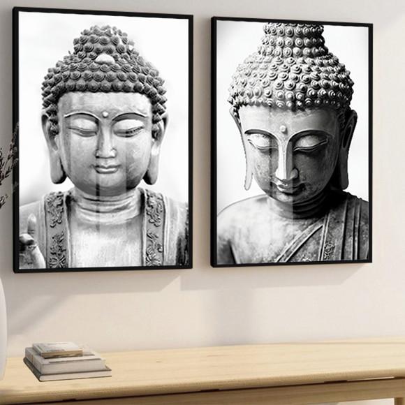 Quadro Decorativo Buda Moderno Preto e Branco Luxo com Vidro
