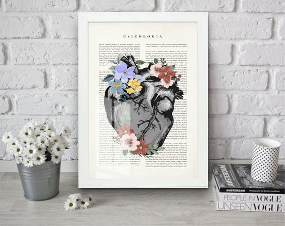 Quadro Decorativo Coração Medicina Flor Com Moldura e Vidro