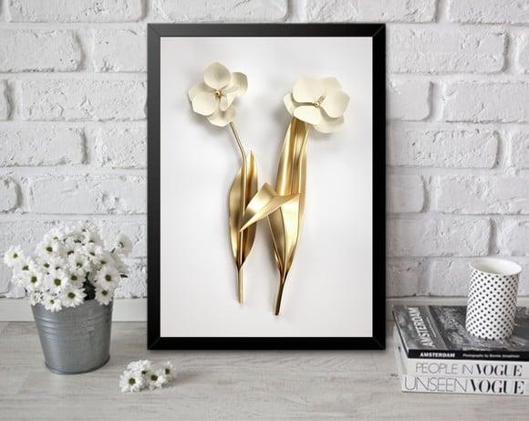 Quadro Decorativo Flor Dourada Para Quarto Sala Com Moldura